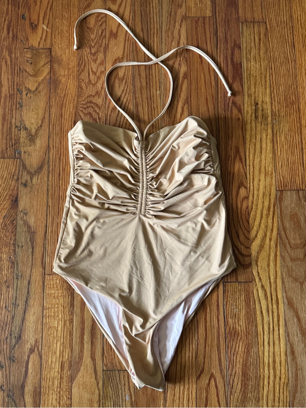 KYA Kyra Ruched Halter Reversible One-Piece Swimsuit in Sand/Peach